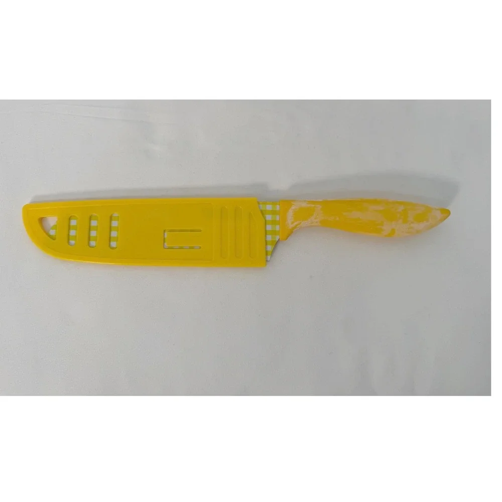 Tomodachi Santoku Knife Yellow Gingham Checkered Pattern Guard Sheath 105-13